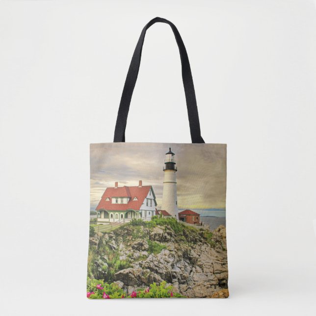 Portland Head Light Tote Bag med olika foton Tygkasse (Framsida)