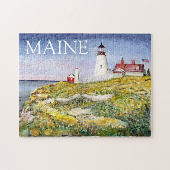 Portland Head Lighthouse Maine Watercolor Painting Pussel (Horisontell)