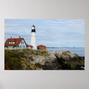 Portland Headlight fyr på bergsstrand Poster