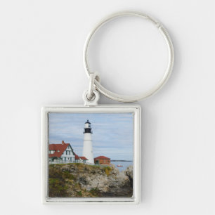 Portland Headlight fyr på klippig strand Fyrkantig Silverfärgad Nyckelring