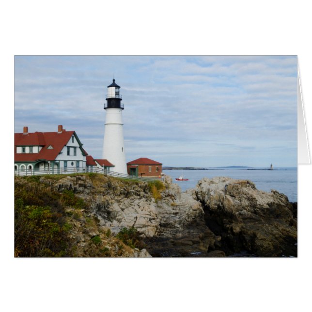Portland Headlight fyr på klippig strand Hälsningskort (Framsidan Horizontal)