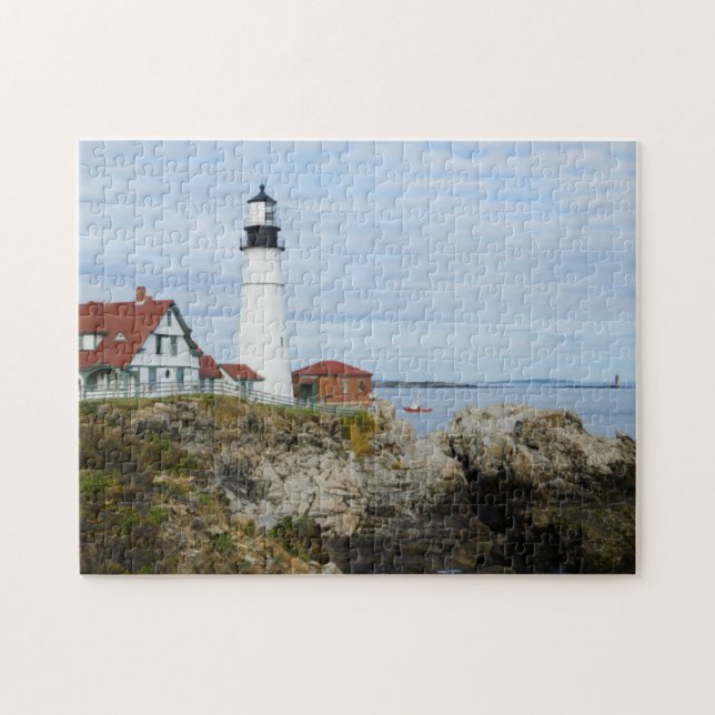 Portland Headlight fyr på klippig strand Pussel (Horisontell)