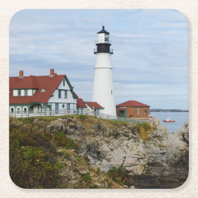 Portland Headlight fyr på klippig strand Underlägg Papper Kvadrat (Framsidan)