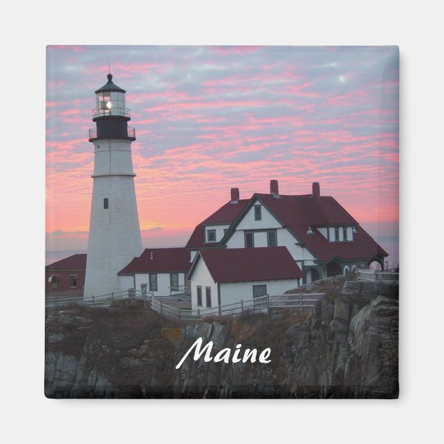 Portland Headlight Sunrise Maine Square Magnet (Framsidan)