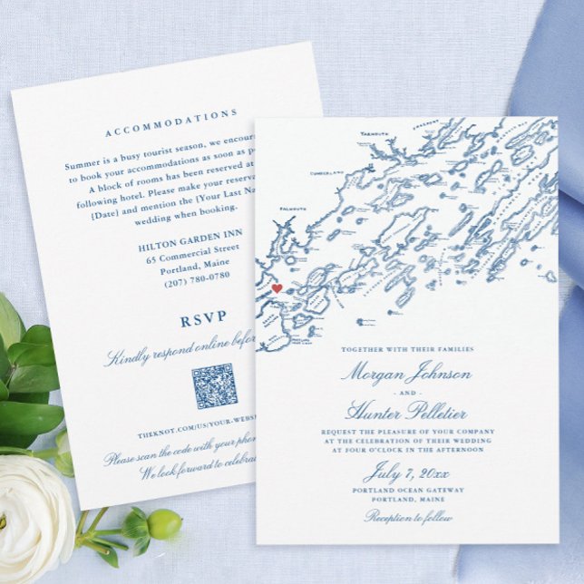 Portland Maine All-in-One QR-kod OSA Bröllop Inbjudningar (These budget friendly Portland Maine double sided wedding invites save paper and money on stamps.)