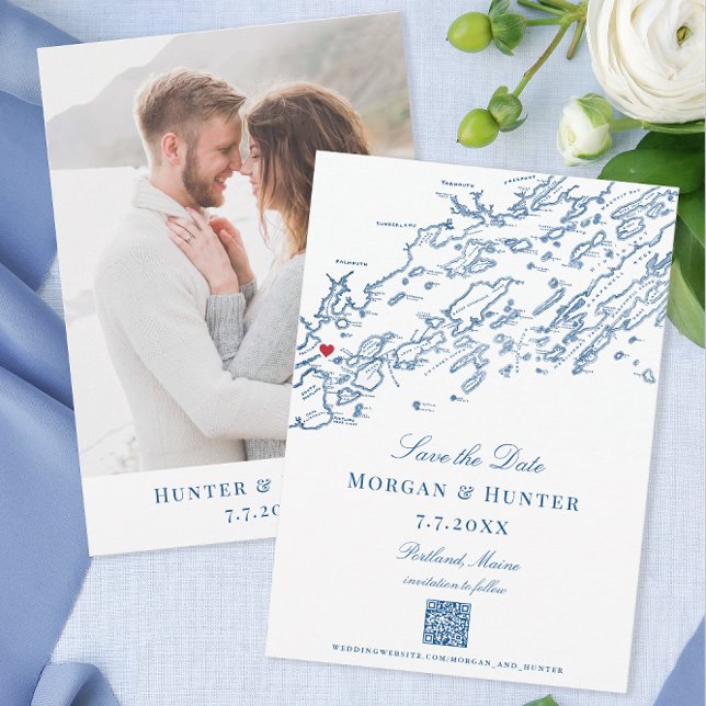 Portland Maine Casco Bay Elegant QR-kod Spara Datumet (Portland Maine map Save the Dates with QR code for your Casco Bay destination wedding website.)