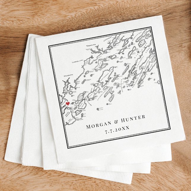 Portland Maine Casco Bay Karta Black Elegant bröll Pappersservett (Portland maine Custom Wedding napkins with Elegant black and white Casco Bay map )