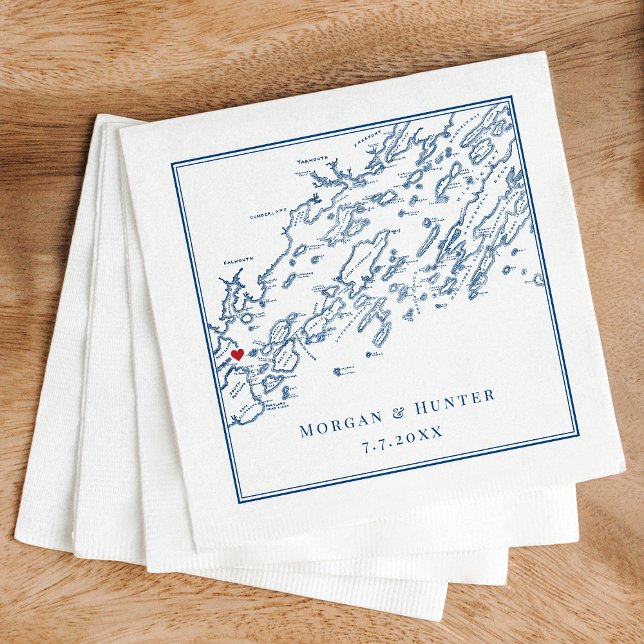 Portland Maine Casco Bay Karta flottan Elegant brö Pappersservett (Casco Bay Map Napkins personalized for a wedding in Portland Maine in elegant navy blue)