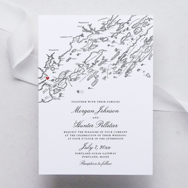 Portland Maine Elegant Black and White Karta Bröll Inbjudningar (Portland Maine Elegant Black and White Map wedding invitations)