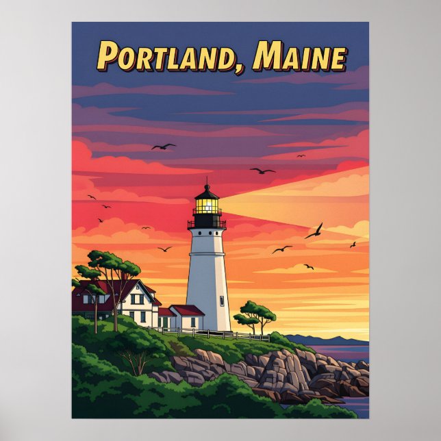Portland Maine fyr vid solnedgång Poster (Framsidan)