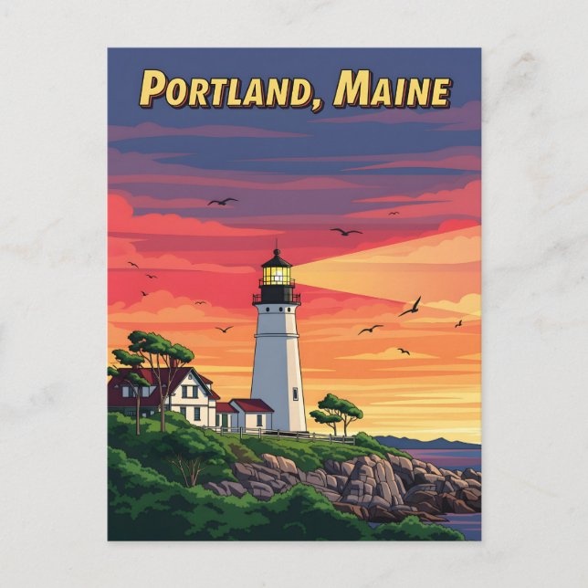 Portland Maine fyr vid solnedgång  Vykort (Framsida)