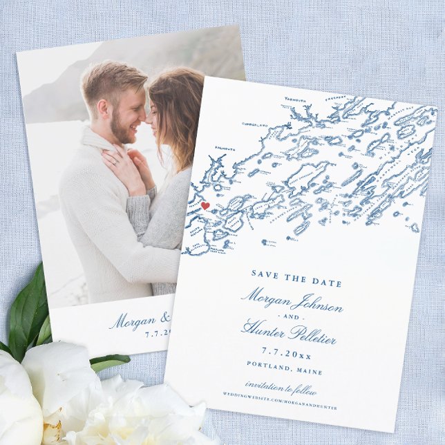 Portland Maine Karta Elegant bröllop Spara Datumet (Elegant Portland Maine Wedding Save the Dates with navy blue Casco Bay map and photo on the back)