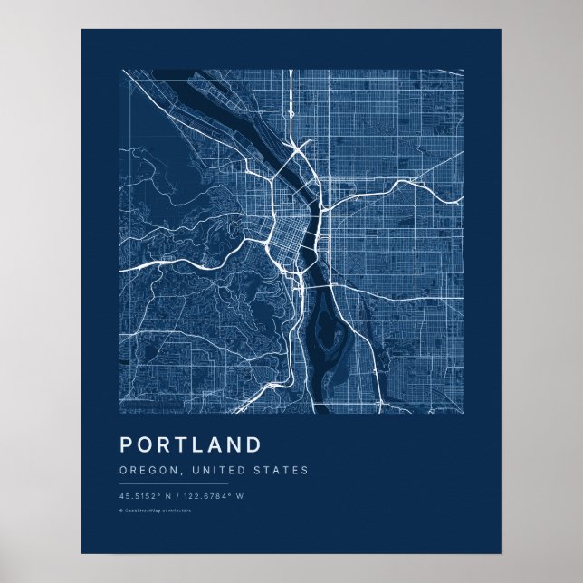 Portland OR Marinblå Stadskarta Konsttryck Poster (Framsidan)