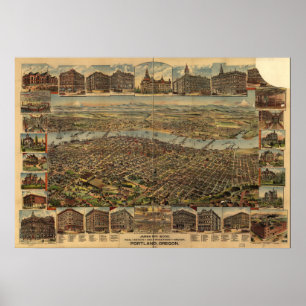 Portland Oregon 1890 Antique Panoramic Karta Poster