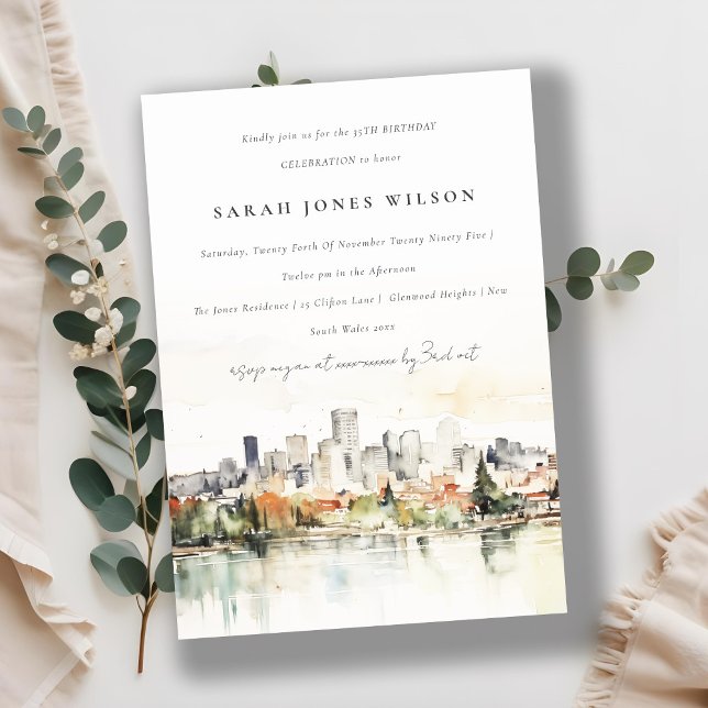 Portland Oregon City Scape Watercolor Birthday Inbjudningar (Skapare uppladdad)