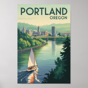 Portland Oregon Skyline Travel Art Vintage Poster