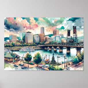 Portland Oregon USA Travel Ställe, vattenfärg Poster