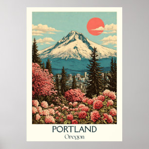 Portland Oregon Vintage Mt. Huva Cherry Blommar Poster