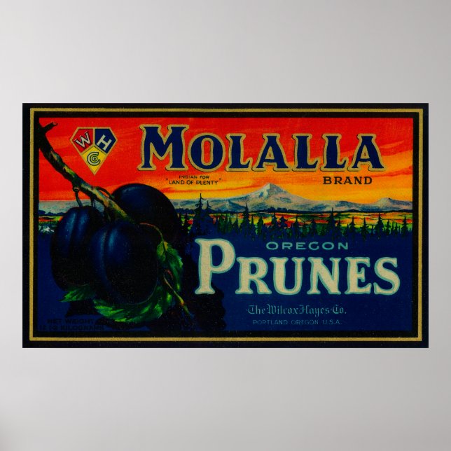 Portland, OregonMolalla Prune-etikett Poster (Framsidan)