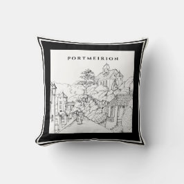 Portmeirion North Wales Pen Bläck Sketch Black Whi Kudde