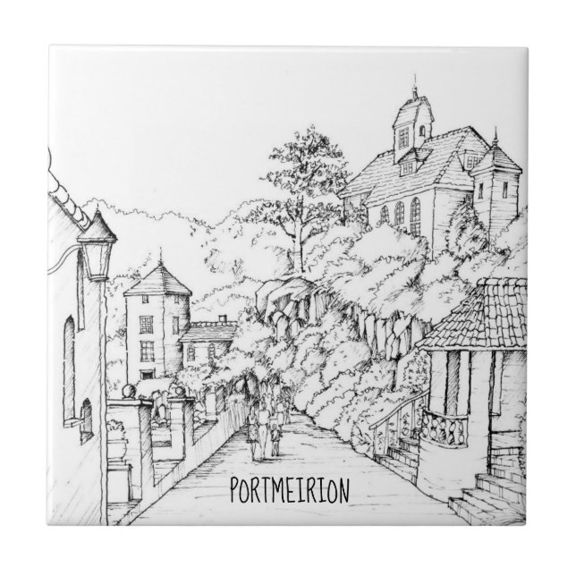 Portmeirion North Wales Pen och Bläck Sketch Kakelplatta (Framsidan)