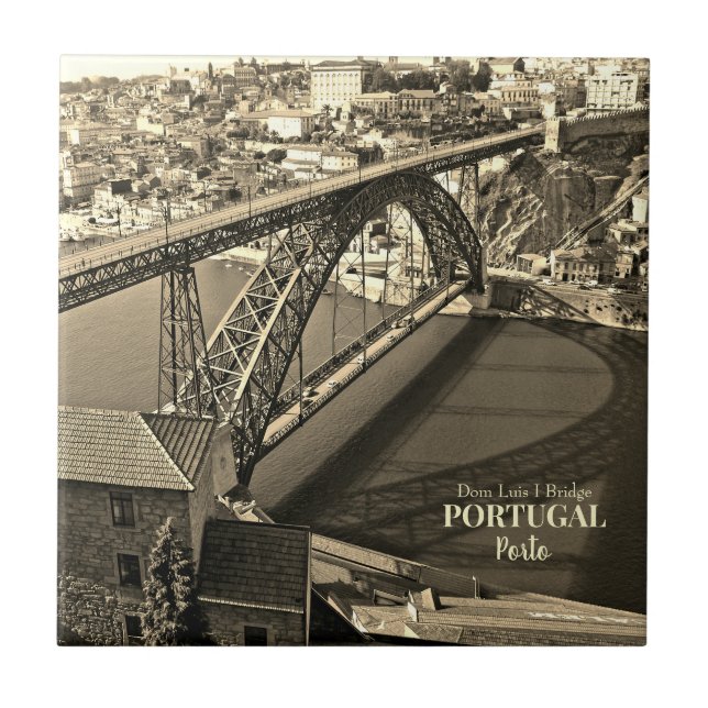 Porto bridge over Douro River, Portugal, Sepia Kakelplatta (Framsidan)