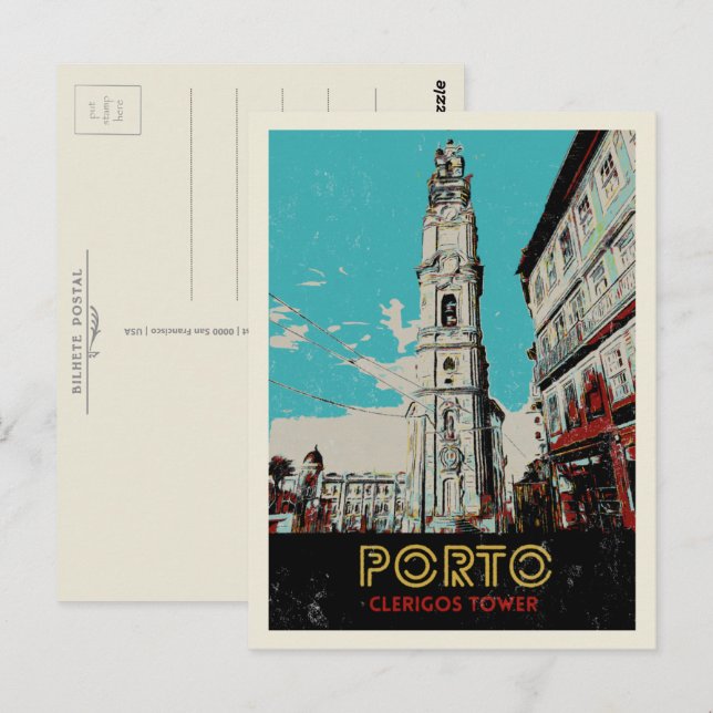 Porto Clerigos torn illustration Portugal Vykort (Fram/baksida)