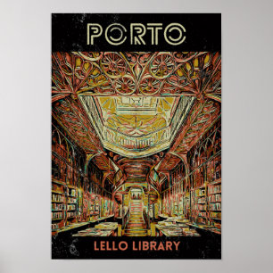 Porto Lello bibliotek illustration Portugal Poster