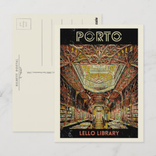 Porto Lello bibliotek illustration Portugal Vykort