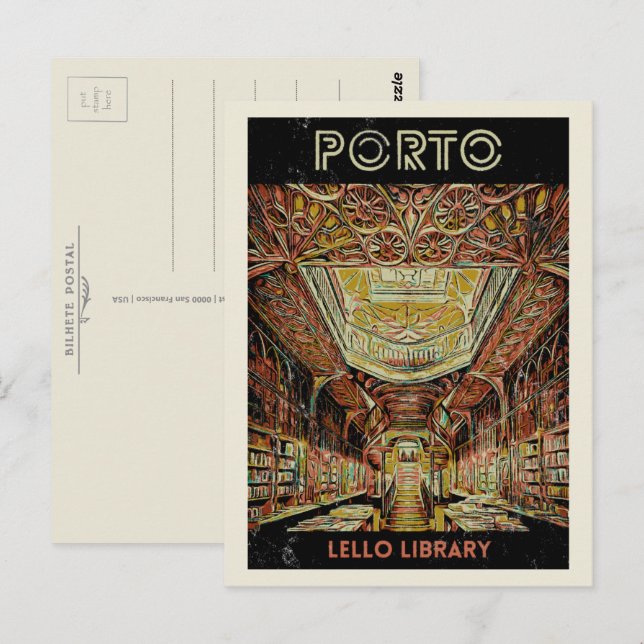 Porto Lello bibliotek illustration Portugal Vykort (Fram/baksida)
