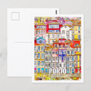 Porto Portugal Berömd Travel Watercolor Sketch Vykort