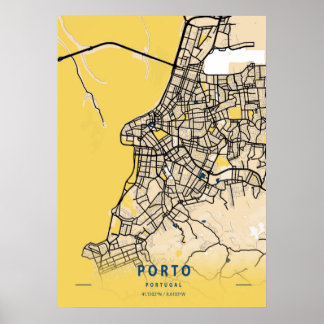 Porto - Portugal Gult City Karta Poster