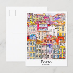 Porto Portugal Resa Akvarell Handritad Vykort