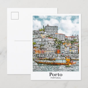 Porto Portugal Reseskiss med akvarell Handritad Vykort