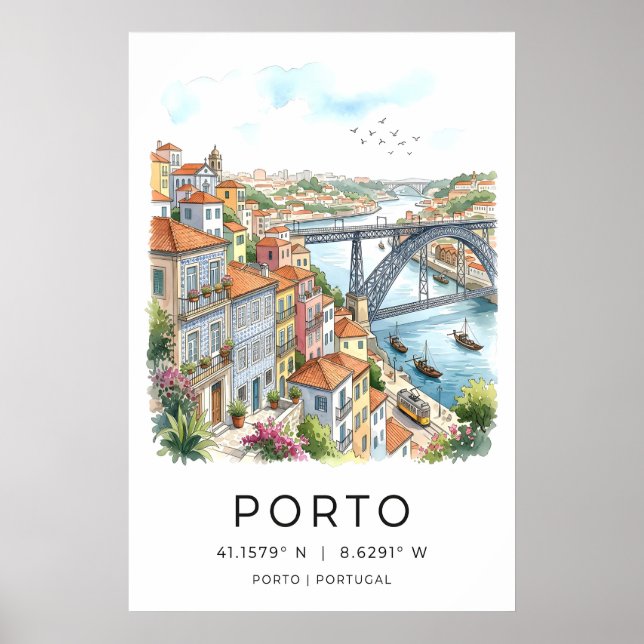 Porto Stad Konsttryck Akvarell, Gul Spårvagn Poster (Framsidan)