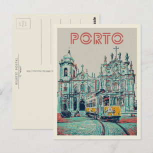 Porto tramway och kyrkoillustration Portugal Vykort