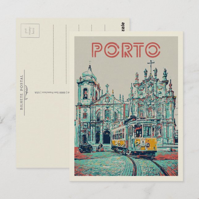 Porto tramway och kyrkoillustration Portugal Vykort (Fram/baksida)