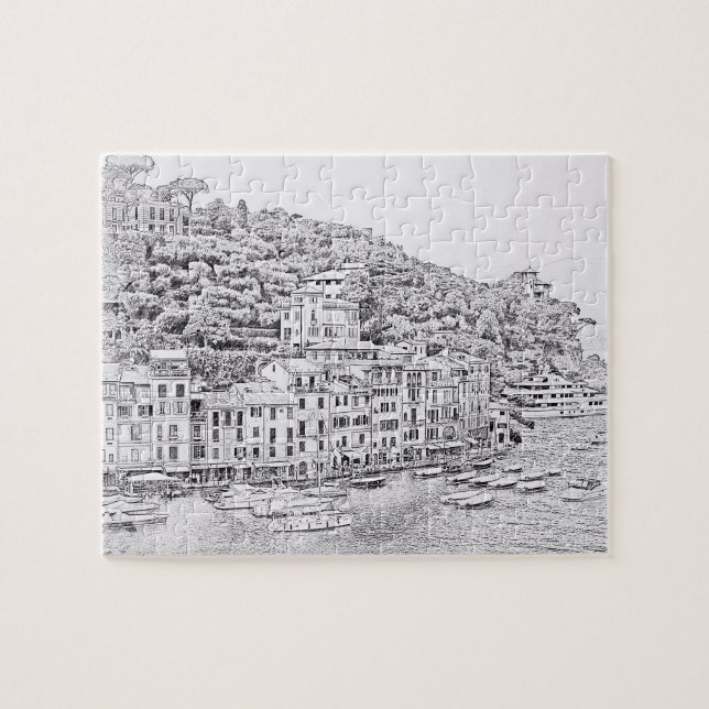 Portofino i svart och vitt - 8x10 - 110 st pussel (Horisontell)
