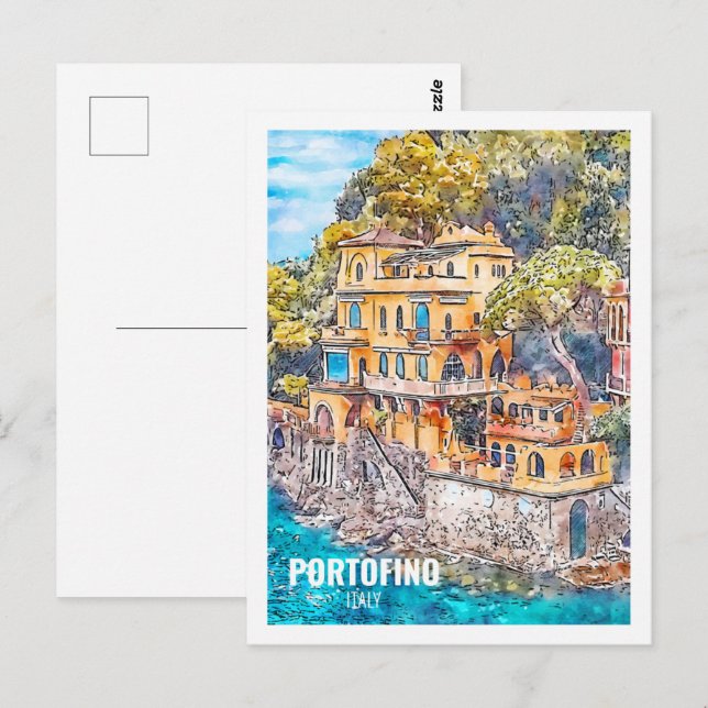 Portofino Italien Berömd Travel Watercolor Sketch Vykort (Fram/baksida)