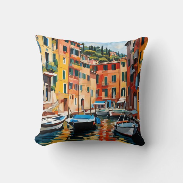 Portofino Italien Mediterranean Waterscape Boats Kudde (Framsida)