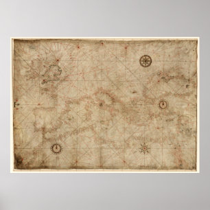 Portolandiagram för Medelhavsområdets circa 1500 Poster