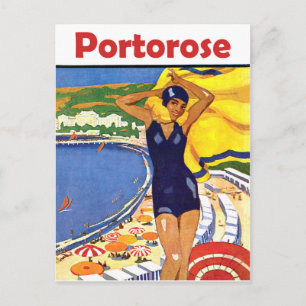 Portorose, flicka på stranden, vintage resor vykort