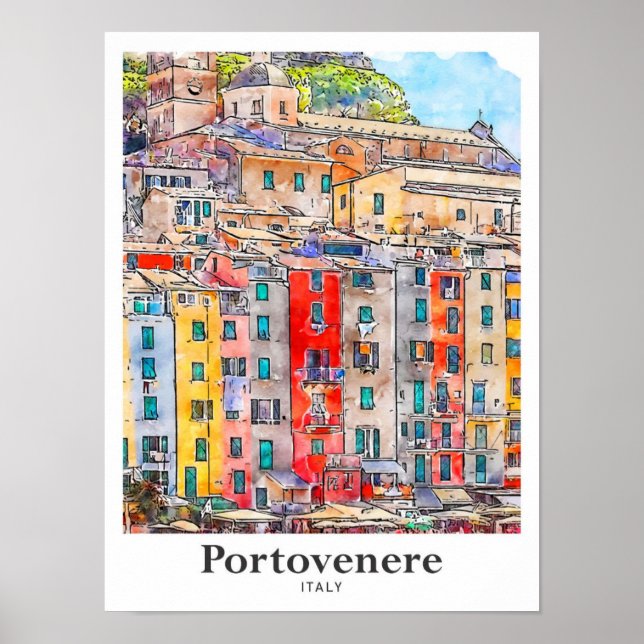Portovenere Italien Travel Watercolor Hand plockad Poster (Framsidan)