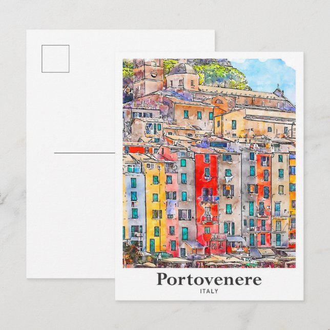 Portovenere Italien Travel Watercolor Hand plockad Vykort (Fram/baksida)