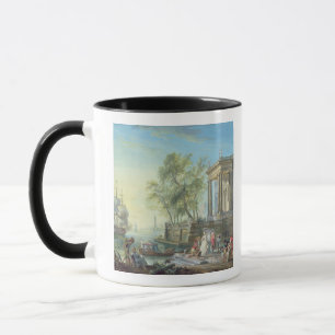 Portplats med inställningssolen (olja på kanfas) mugg