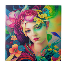 Portrait of a Woman Adorned with Flowers Kakelplatta