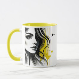 Portrait stylisé noir et jaune d'une jeune femme. mugg