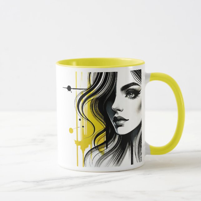 Portrait stylisé noir et jaune d'une jeune femme. mugg (Höger)