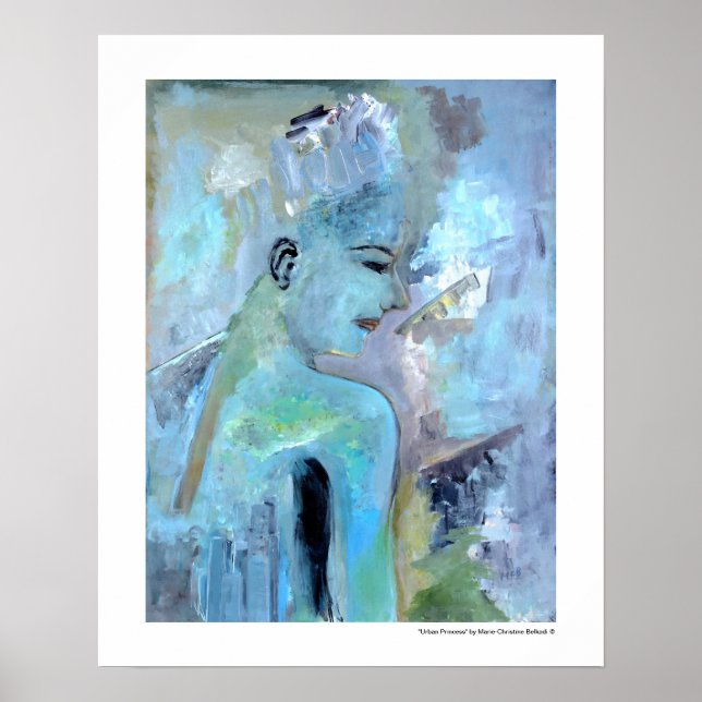 Porträtt Abstrakt Woman Blue Grått Grönt Paintings Poster (Framsidan)