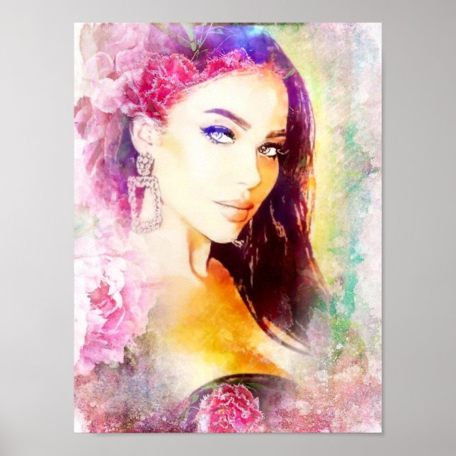 Porträtt aquarelle femme fleur poster (Framsidan)